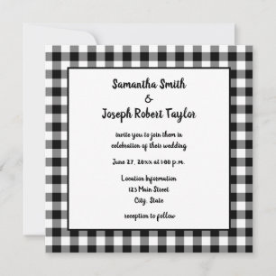 Convite Casamento de Xadrezes de Gingham Preto e Branco