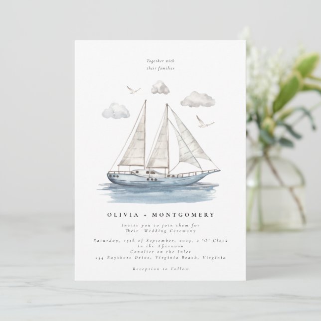 Convite Casamento de Yacht de Navegação por Aquarela Moder (Em pé/Frente)