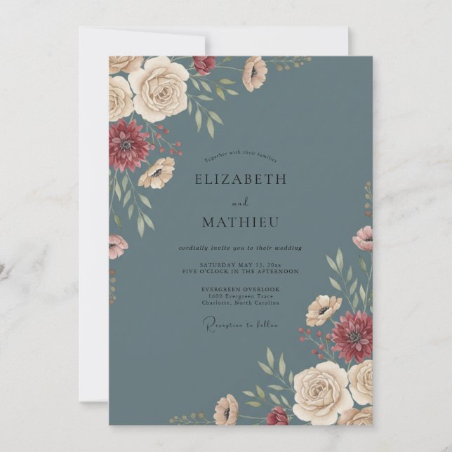 Convite Casamento de Zínia Eucalipto Champanhe Ardósia (Frente)