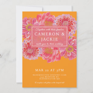 Convite Casamento de Zínia Laranja Rosa Vibrante