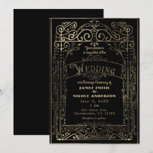 Convite Casamento Deco Vitoriano Vintage Preto e Dourado