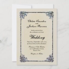 Convite Casamento Decorativo de Fronteira de Vintagem Azul