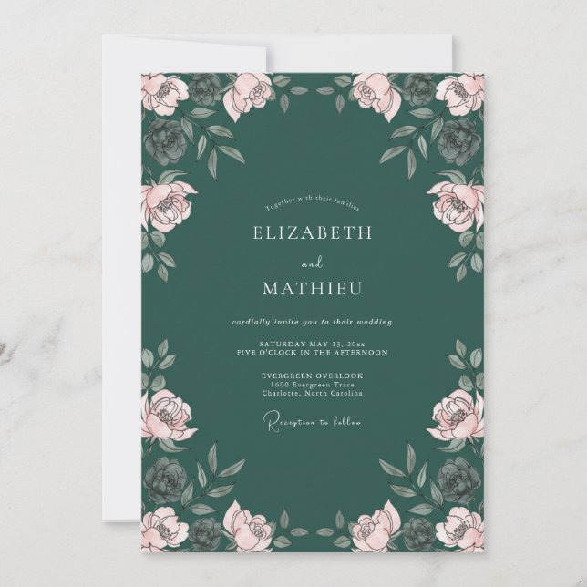 Convite Casamento Deep Green Poetic Bloom (Frente)