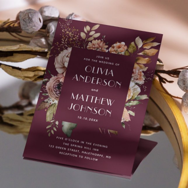 Convite Casamento Deep Merlot | Código QR de Flor de Plum  (Criador carregado)