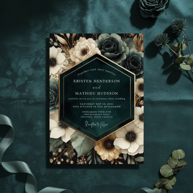 Convite Casamento Deep Teal Moody Bloom (Criador carregado)