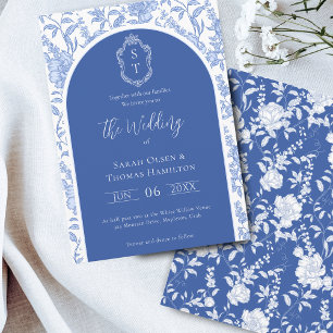 Convite Casamento Delft Azul Floral Chinoiserie Monograma