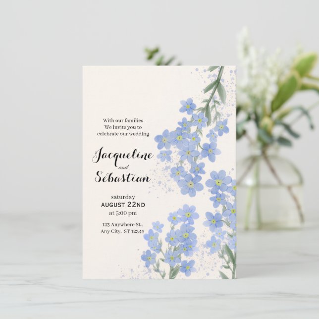 Convite Casamento Delicado Azul Esqueça-Me-Não (Em pé/Frente)