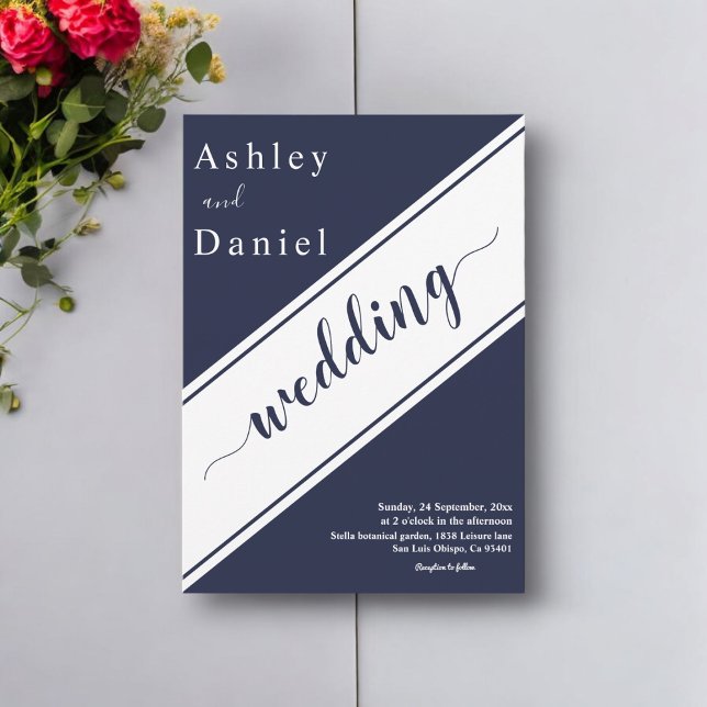 Convite Casamento Delicado Branco Azul-Marinho Elegante (Criador carregado)