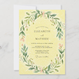 Convite Casamento Delicado com Folhas em Amarelo Pálido