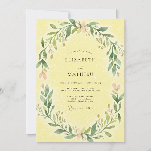 Convite Casamento Delicado com Folhas em Amarelo Pálido (Frente)
