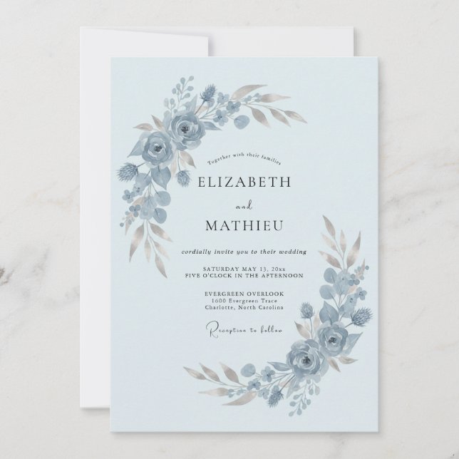 Convite Casamento Delicado de Inverno em Azul Aço (Frente)