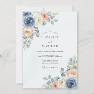 Convite Casamento Delicado de Primavera em Azul Poeirento 