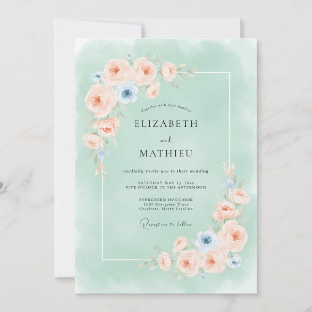Convite Casamento Delicado em Aquarela Verde Menta (Frente)