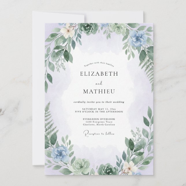 Convite Casamento Delicado em Azul Pálido e Folhas (Frente)