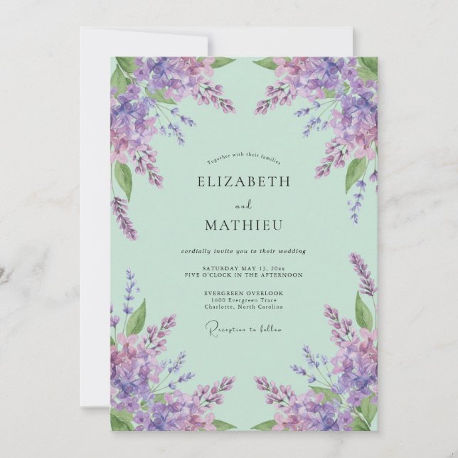 Convite Casamento Delicado em Verde Menta e Lavanda (Frente)