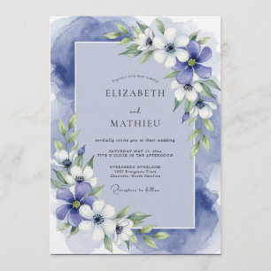 Convite Casamento Delícia Floral Aquarela Azul
