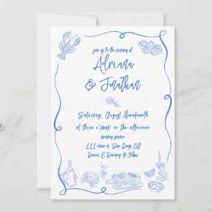 Convite Casamento Desenhado à Mão Azul e Branco