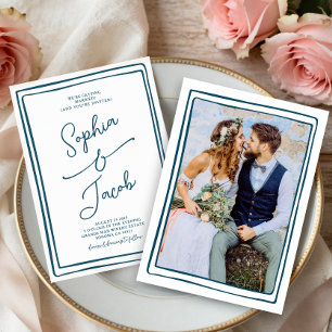 Convite Casamento Desenhado à Mão Caprichoso Foto Azul e B