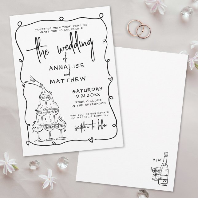 Convite Casamento Desenhado à Mão com Toques Caprichosos (Whimsical Hand Drawn Quirky Wedding Invitation)