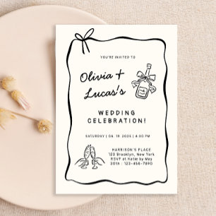 Convite Casamento Desenhado à Mão em Marfim e Preto Modern