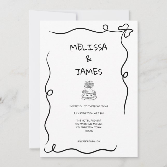 Convite Casamento Desenhado Da Mão De Bolo Whimsical (Frente)