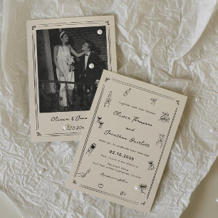 Convite Casamento Desenho à Mão Excêntrico Preto e Branco