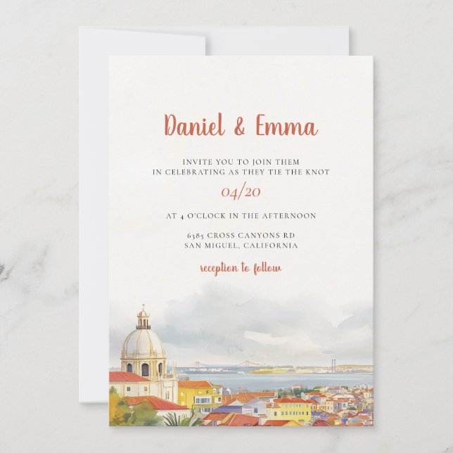 Convite Casamento Destino Aquarela Lisboa (Frente)