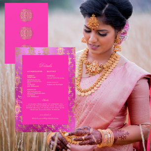 Convite Casamento Detalhado Étnico Indiano Rosa e Dourado