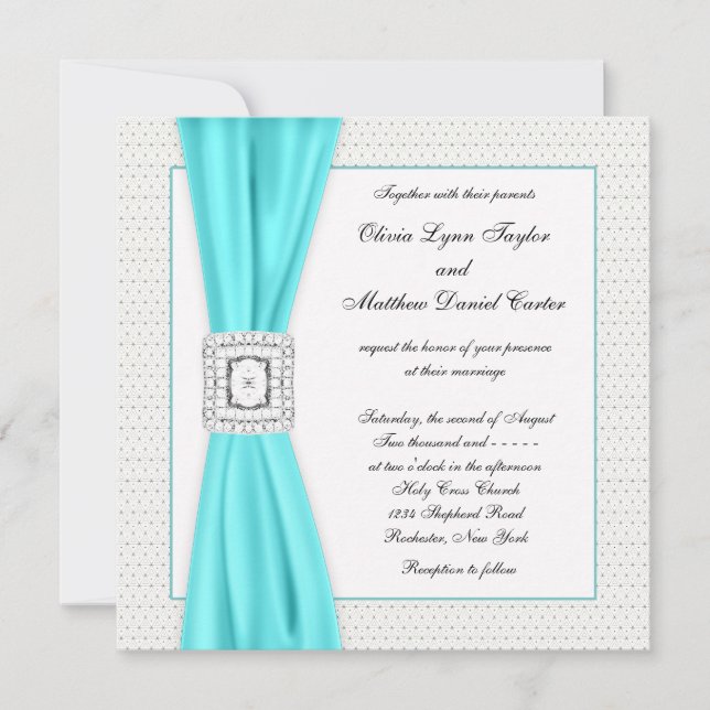 Convite Casamento Diamante Azul Verde Marfim (Frente)