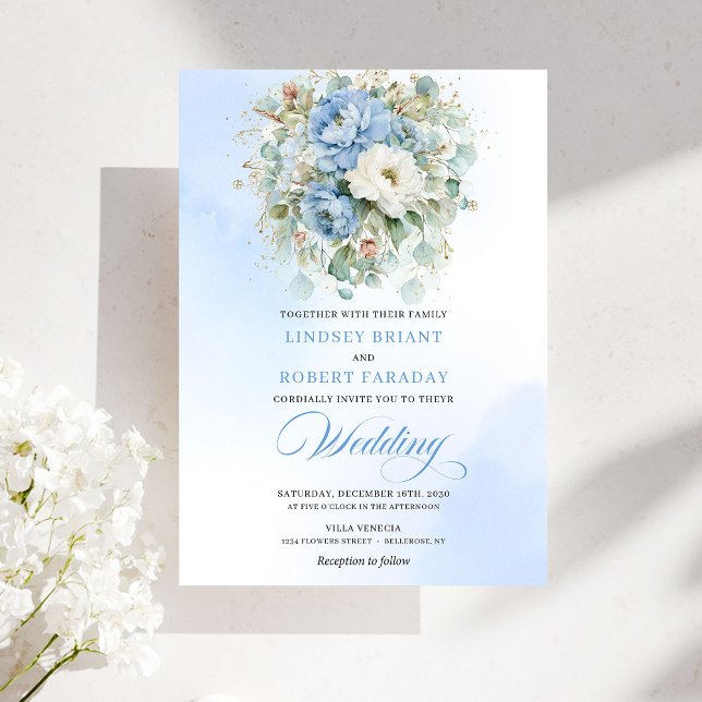 Convite Casamento Digital Floral Azul Sofisticado e Empola (Sophisticated Dusty Blue Floral Digital Wedding Invitation)