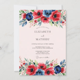 Convite Casamento Dinâmico de Primavera Azul Marinho Verme