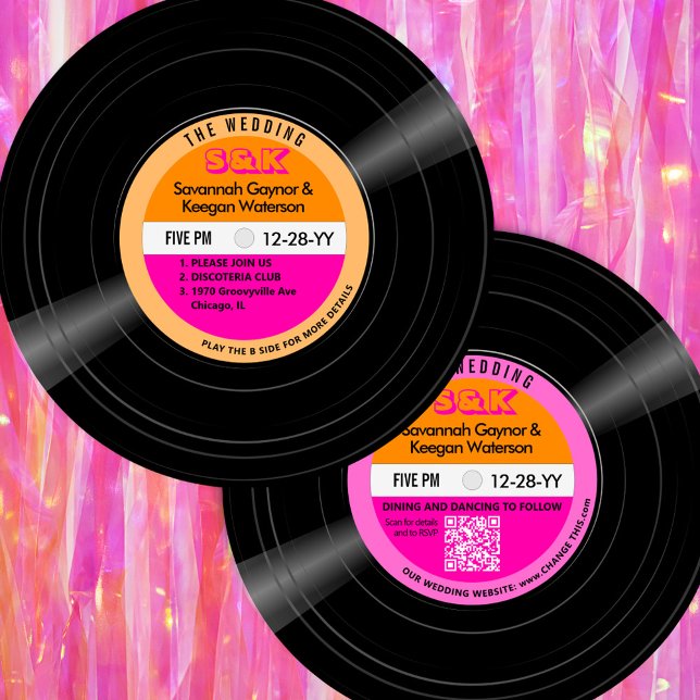 Convite Casamento Disco Vinil Record Laranja Rosa Stripes (Disco Bold Hot Pink and Orange Vinyl record Wedding Invitation)