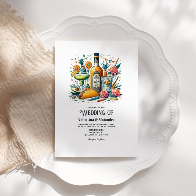 Convite Casamento Divertido com Tacos e Tequila com Garraf (Fun Tacos and Tequila Wedding with Monogram Bottle Invitation)