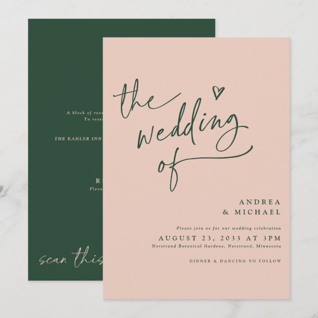 Convite Casamento Divertido em Rosa Dourado e Verde Esmera (Frente/Verso)