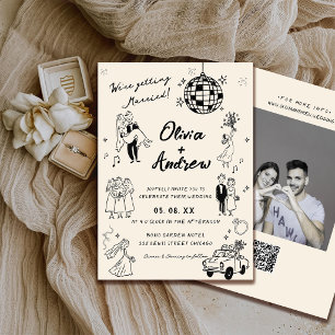 Convite Casamento Divertido Foto Retro Desenho à Mão Funky