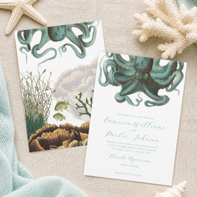Convite Casamento do Aquário do Polvo Verde (Octopus Aquarium Wedding invitation for an Under the Sea theme wedding by Concertina Press)