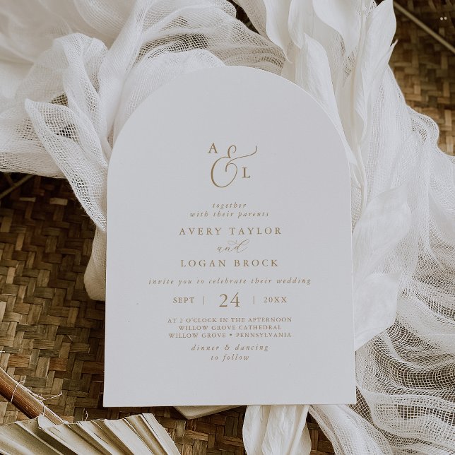 Convite Casamento do Arco do Monograma do Script Dourado E (Elegant Gold Script Monogram Boho Arch Wedding Invitation)