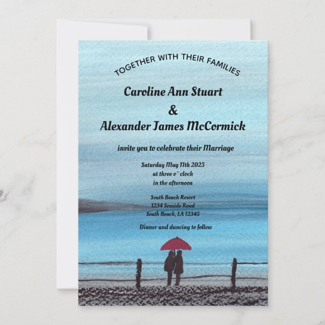 Convite Casamento do Casal de Guarda-chuvas Vermelho Elega (Frente)