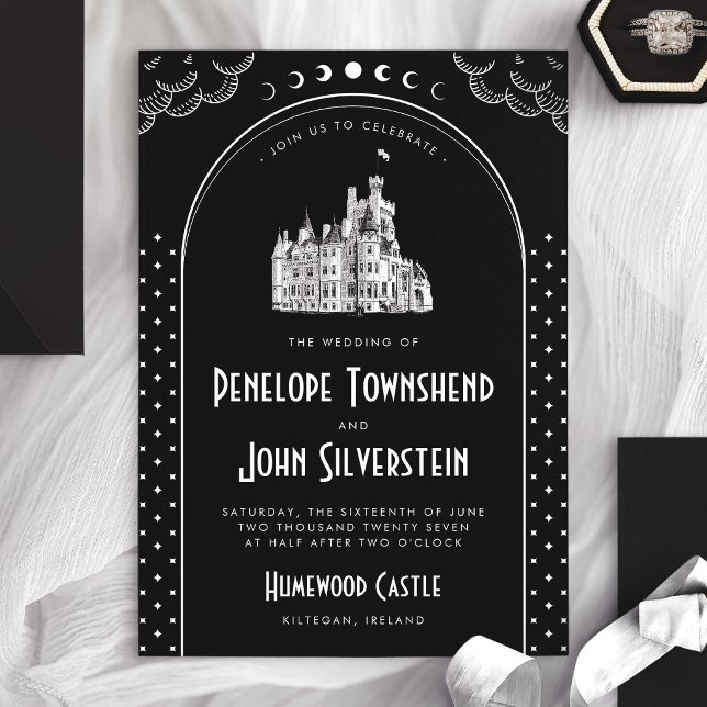 Convite Casamento do Castelo Branco Negro de Arte Gótica D (Gothic Art Deco Black White Castle Wedding Invitation)