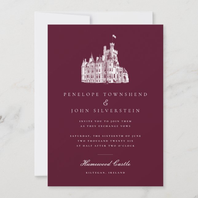 Convite Casamento do Castelo de Elegant Vintage Burgundy (Frente)
