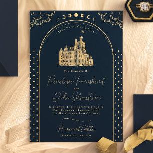 Convite Casamento do Castelo de Vintage Azul-Marinho Celes