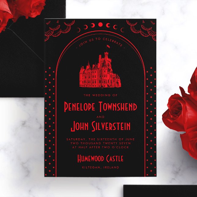 Convite Casamento do Castelo Negro Vermelho com Arte Gótic (Gothic Art Deco Red Black Castle Wedding Invitation)