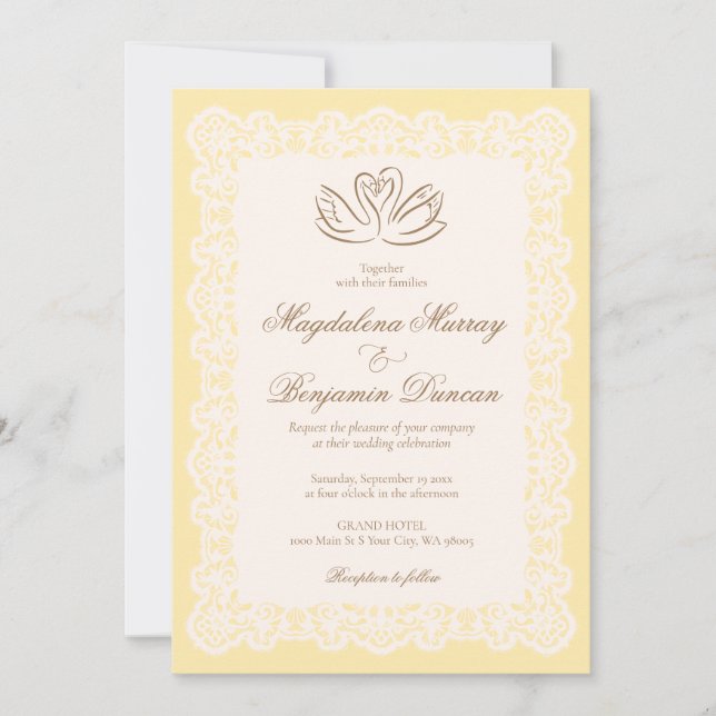 Convite Casamento do Cisne Amarelo Manteiga com Renda de M (Frente)