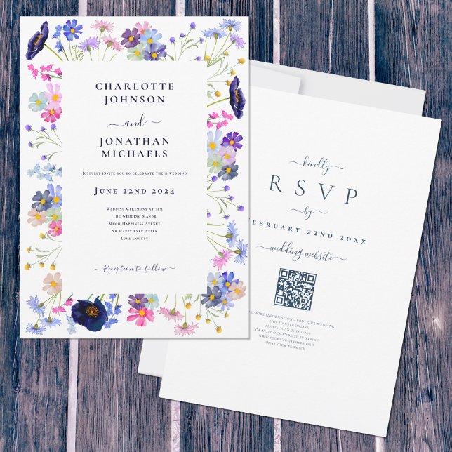 Convite Casamento do Código QR Azul de Flor Selvagem (Elegant boho chic wildflower watercolor wedding invitation with online rsvp qr code)