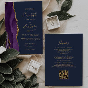 Convite Casamento do Código QR Azul do Marinho Agate Doura