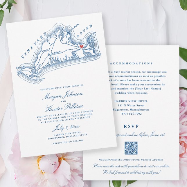 Convite Casamento do Código QR Azul do Marinho All-in-One  (Edgartown MA Martha's Vineyard Map All in One Wedding invitation in elegant Navy Blue )