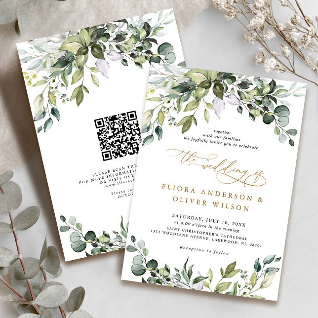 Convite Casamento do Código QR Botânico Russo Elegante Gre (Elegant Greenery Rustic Botanical QR Code Wedding Invitation)
