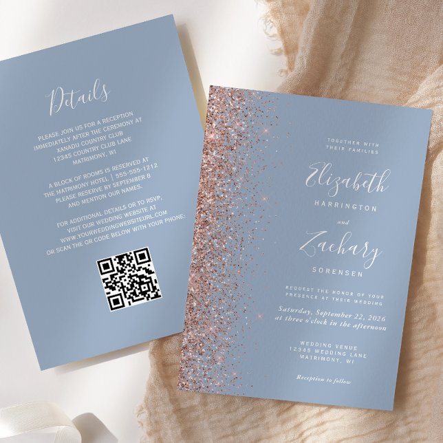 Convite Casamento do Código QR com Glitter Dourado Rosa Az (Criador carregado)