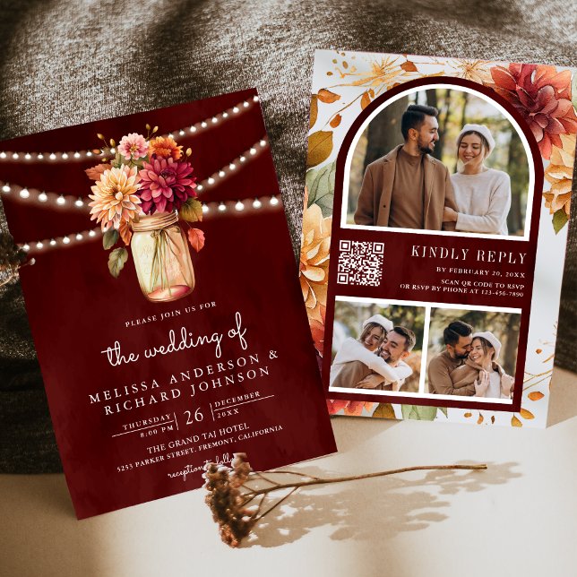 Convite Casamento do Código QR da Burgundy Fall Dahlia Mas (Criador carregado)