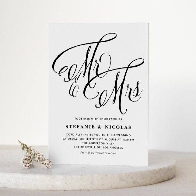 Convite Casamento do Código QR da Sra. Rustic Script Black (Black Mrs and Mrs Rustic Calligraphy QR Code Wedding Invitation)